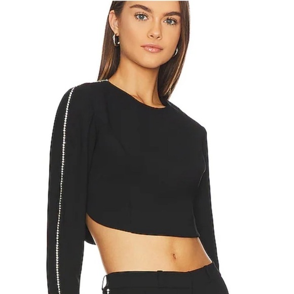 Amanda Uprichard Crewe Cropped Crystal-Embroidered Long Sleeve Top S black - Picture 1 of 9